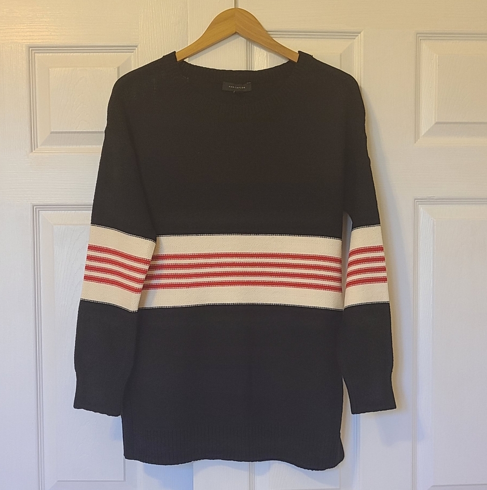 Ann Taylor Pullover Sweater Women's Medium Wide Stripe Crewneck Black/White/Red